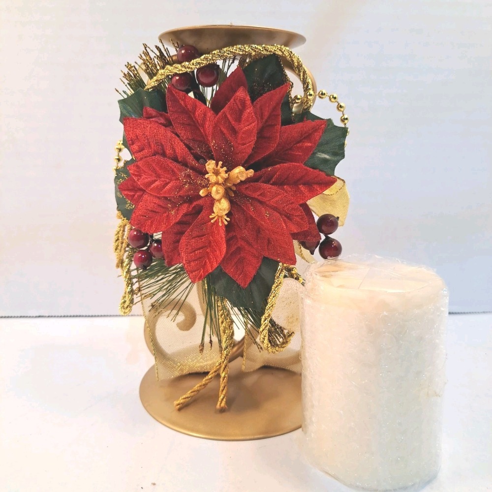 Gold Matte Metal Round Pillar Candle Holder Poinsettia Floral Christmas Decor